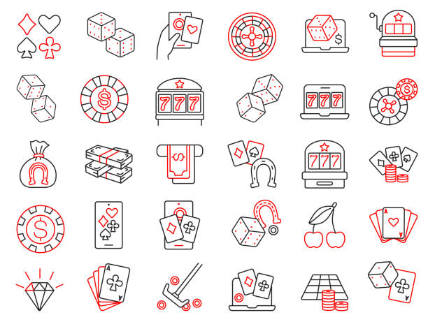 Casino and Gambling Line Icons, Editable stroke, Collection of 30 Vector Symbols Including Dice, Cards, Slot Machines, and More Casino icons set. Editable stroke. Thin line vector icons. A comprehensive collection of 30 vector line icons representing various casino and gambling elements, including dice, cards, slot machines, roulette, poker chips, and more. Ideal for web and app design, infographics, and promotional materials. coin outline stock illustrations
