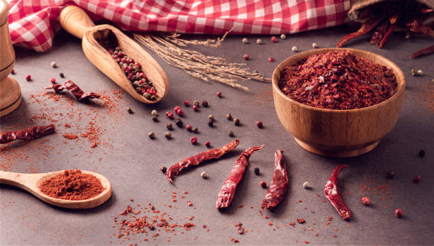Red chili pepper flakes shot from above