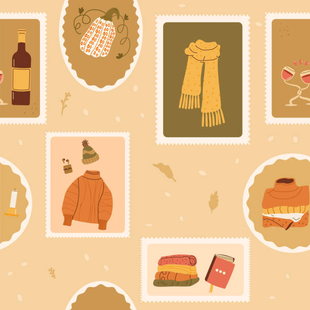 Winter checked seamless pattern. Bento box autumn repeat background. Hygge retro stamps and emblem endless design. Vector hand drawn illustration. Winter checked seamless pattern. Bento box autumn repeat background. Hygge retro stamps and emblem endless design. Vector hand drawn flat illustration. chunky sweater stock illustrations
