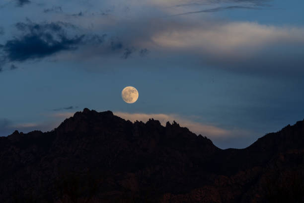 Moonrise over the catalina mountains in silhouette, tucson Arizona