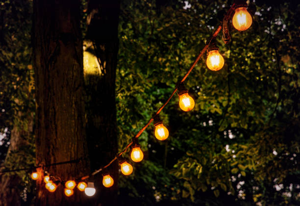istock Festive glowing bulbs in the summer garden 2162939817