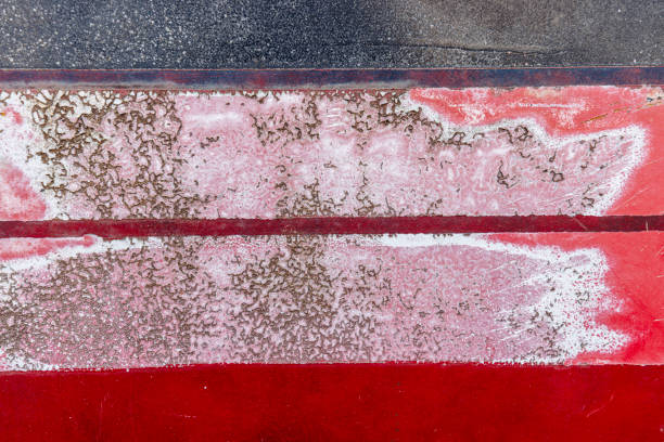 A close-up view of a red surface, possibly a painted metal or plastic material, covered with a dense swarm of tiny insects. The insects appear as dark specks against the bright red background, creating an intricate pattern. The infestation is concentrated in two horizontal bands, separated by a clean red stripe. The top of the image shows a darker, textured surface, possibly the edge of the infested object.