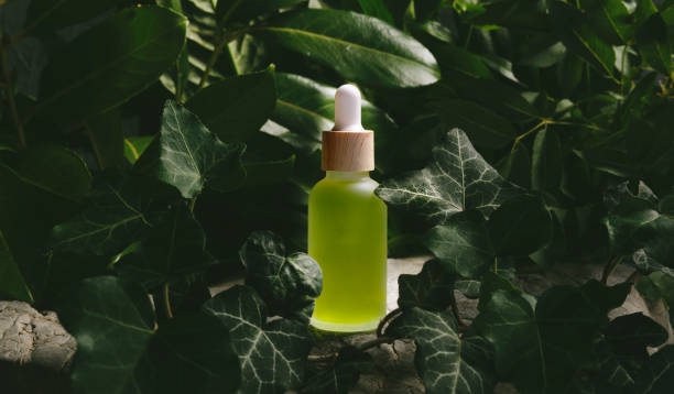 Green face serum with different leaves in the forest
