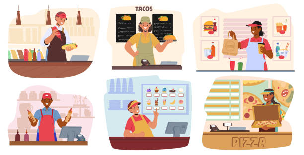 Fast Food Workers Serving Customers In Different Settings. Characters Preparing And Serving Tacos, Drinks And Pizzas Fast Food Workers Serving Customers In Different Settings. Characters Preparing And Serving Tacos, Burgers, Drinks And Pizzas, Highlighting Diversity Of Fast Food Services. Cartoon Vector Illustration quick service restaurant cashier stock illustrations
