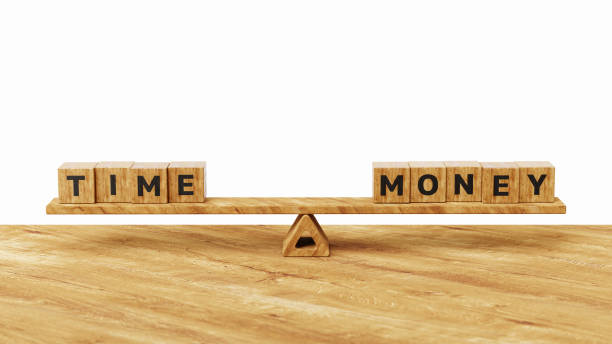 istock Time VS Money concept. Long term investment or savings, control or make decision concept. Time and money wooden cubes on seesaw or balance scale. 3d illustration 2162950241