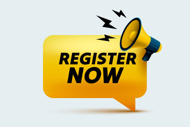 Register now message, megaphone announces news, banner service. Vector illustration Register now message, megaphone announces news, banner service. Vector illustration join today button stock illustrations