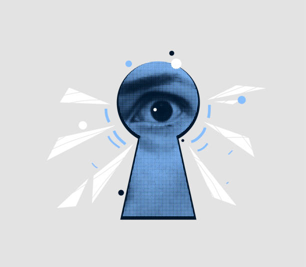 istock Female eye look out of keyhole vector illustration. Access and vision concept. Contemporary art collage, concept design. Gossip background 2162950385
