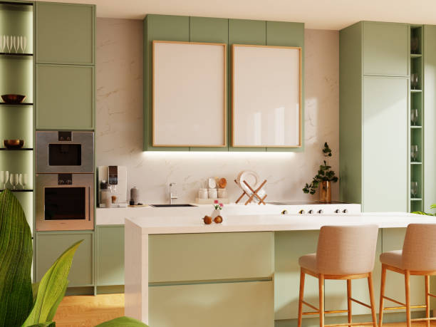 istock Mockup poster frame in modern kitchen is designed with light green cabinets and a sleek white countertop- 3D rendering 2162952561
