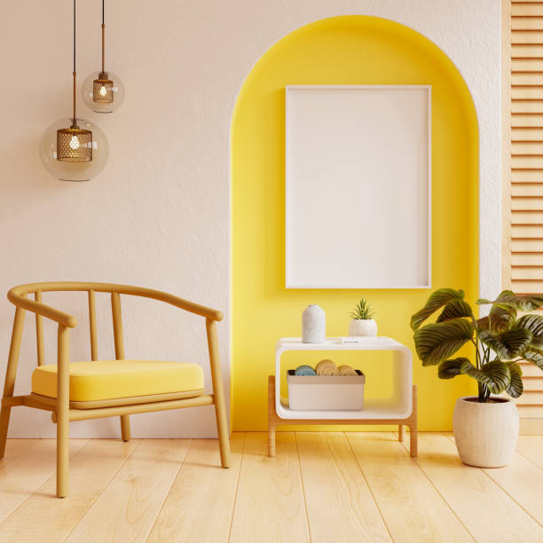 istock Mockup frame poster displayed in a cozy and vibrant corner, featuring a yellow arch backdrop, a modern wooden chair with a yellow cushion- 3D rendering 2162952562