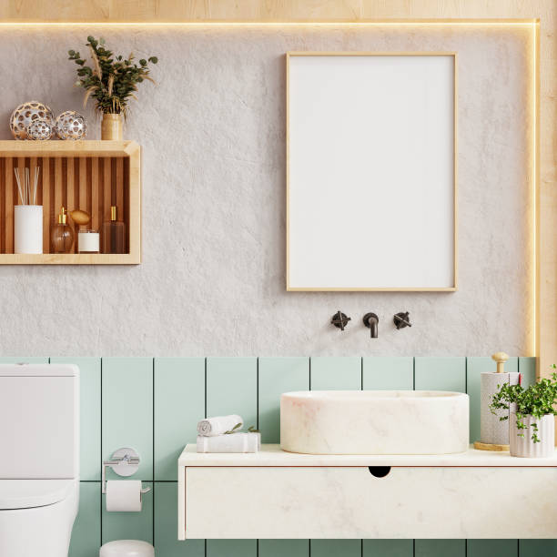 istock Mockup frame poster hanging in a modern bathroom setting, featuring a stylish washbasin- 3D rendering 2162952566