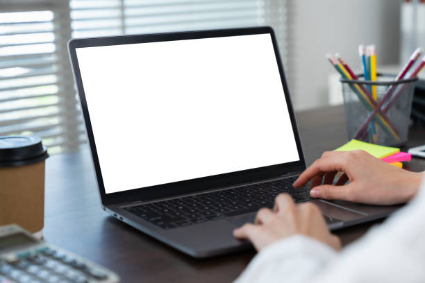 istock Woman hand using laptop and type on the keyboard, Mockup screen of advertisement. 2162955507