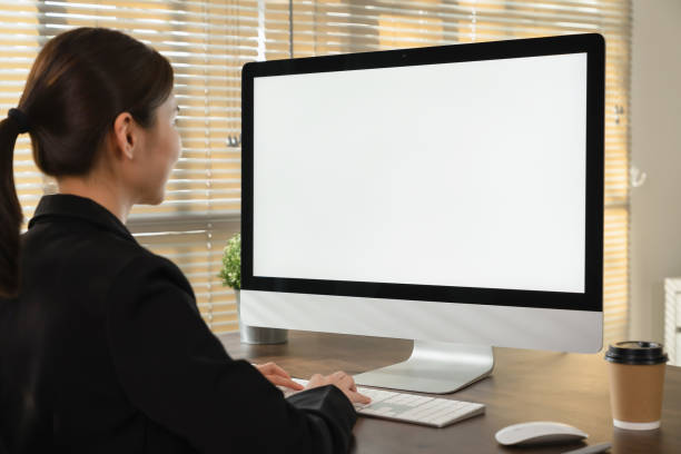 istock Businesswoman using computer and hand type on the keyboard, Mockup screen of advertisement. 2162955530