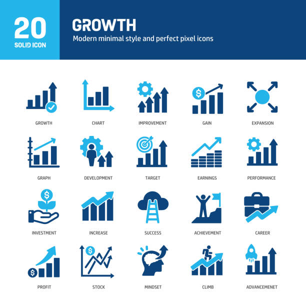 stockillustraties, clipart, cartoons en iconen met growth glyph solid icons. containing increase, success, performance, statistics, analysis, chart, graphic solid icons collection. vector illustration. for website design, logo, app, template, ui, etc. - klimmen