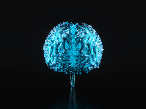 istock Blue Human Brain Covered with Connecting Lines and Dots on Black Background 2162958027