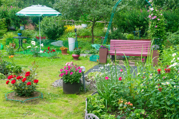istock Part of a summer garden plot with blooming flowers and a bench for rest. 2162960837