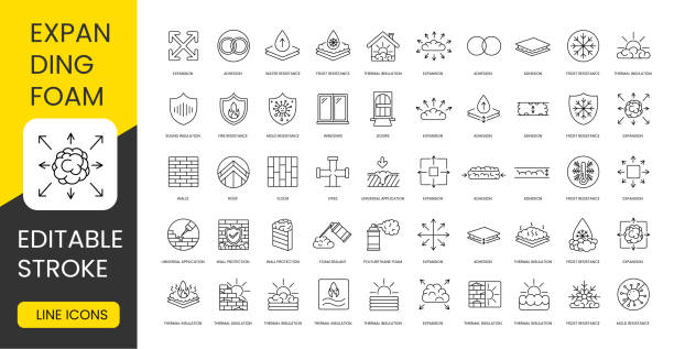 Properties of polyurethane foam and places of application, set of vector line icons with editable stroke, Adhesion and Water resistance, Wall protection and Roof, Mounting foam and Frost resistance.