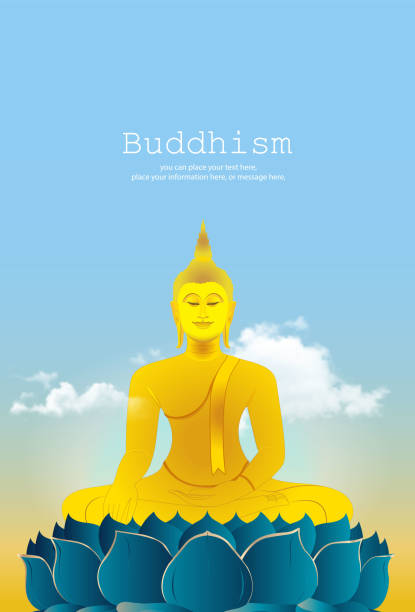istock Buddha statue sitting in lotus flower, blue sky and cloud vector illustration background - Magha Puja, Asanha Puja, Vesak Puja Day, Thailand culture 2162962802