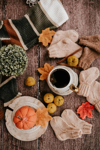 istock Strong black coffee and autumn decorations on wooden table 2162965677