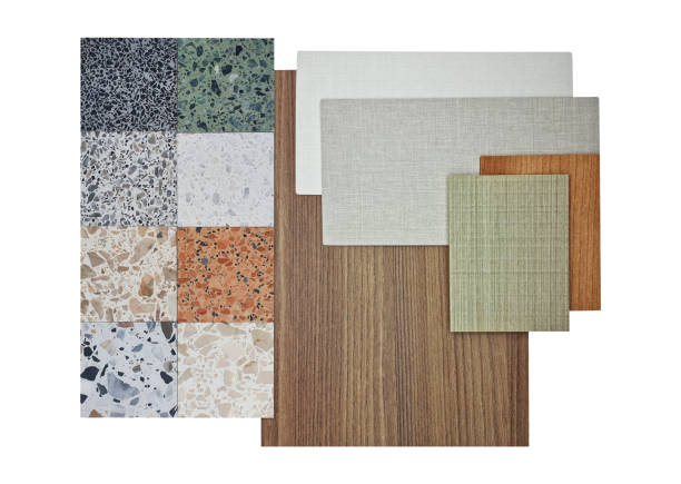 istock interior material samples, top view, including multi color of terrazzo stones, oak wooden laminated, wooden veneer, fabric laminateds isolated on background with clipping path. 2162966311