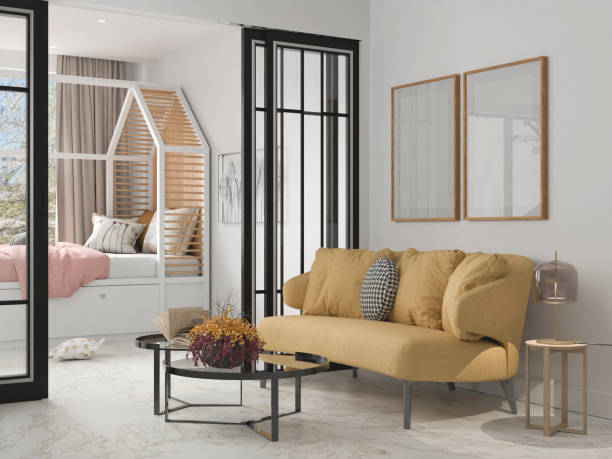 istock Mockup poster wood frame in empty picture living room, element interior vertical, on the wall. in illustration 3d rendering 2162968644