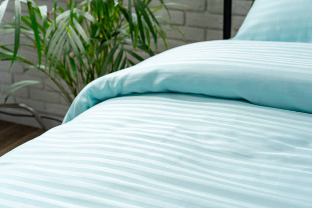 Mint Green Striped Bedding on a Black Metal Frame Bed