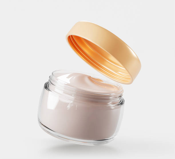 3d glass jar with cream, cosmetic transparent container mock up isolated render icon. Realistic open clear package with beige lid and white beauty skincare product, serum or lotion 3d glass jar with cream, cosmetic transparent container mock up isolated render icon. Realistic open clear package with beige lid and white beauty skincare product, serum or lotion. 3D illustration jar stock pictures, royalty-free photos & images