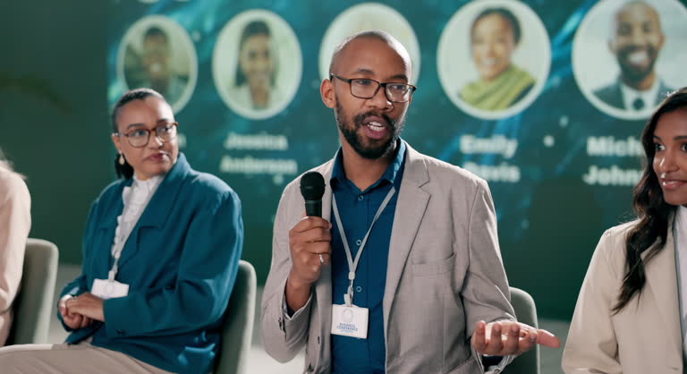 Stage, expert and people of science, talking and answer for question of research of climate change in world. Summit, eco friendly and public speaking of scientist, mic and speech for sustainability