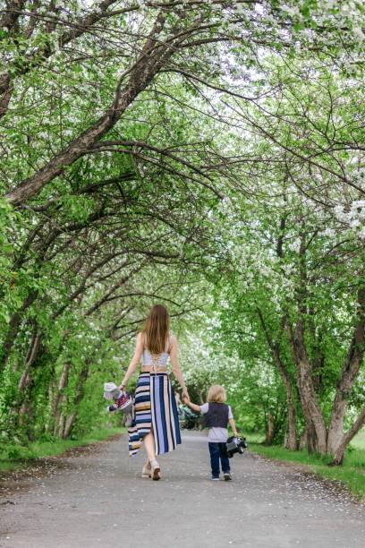 istock Mother and son walking down a park s scenic path lined with blossoming trees in spring. 2162973659