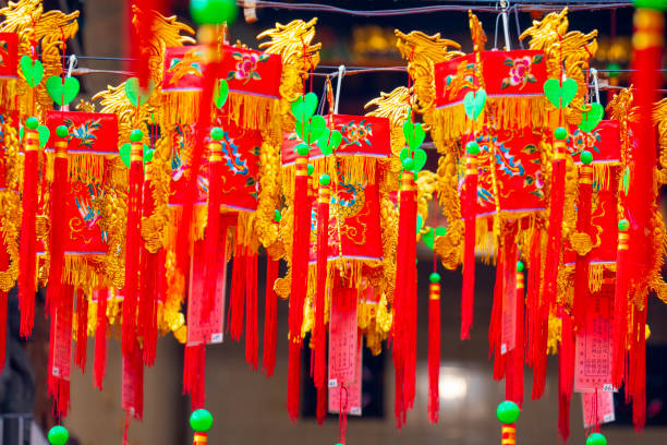 There are Chinese palace lanterns in the temple (text on the lantern: Guotai Min'an) (2020 09 02 Taiwan Taipei)