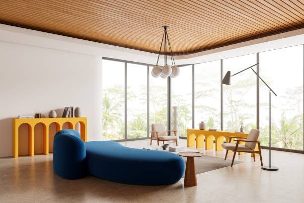 istock Colored living room interior with two armchairs and sofa, decoration and window 2162975821