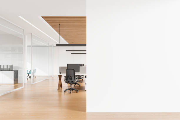 istock Modern office interior with empty white wall mockup, wooden floor and ceiling. Concept of workspace. 3D Rendering 2162975921
