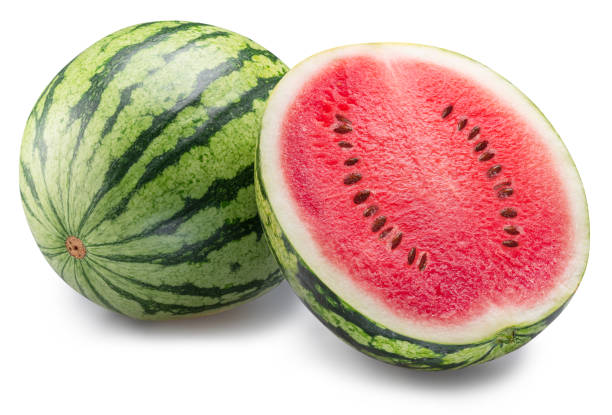 istock Round striped watermelon and watermelon half isolated on white background. Clipping path. 2162976143