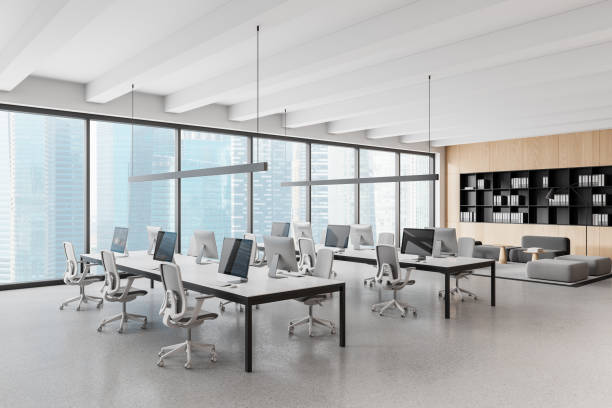istock Office interior with coworking and lounge zone, shelf and panoramic window 2162976322