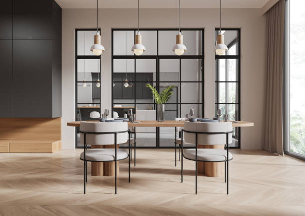 istock Modern home kitchen interior with dining and cooking area, bar island and window 2162976352