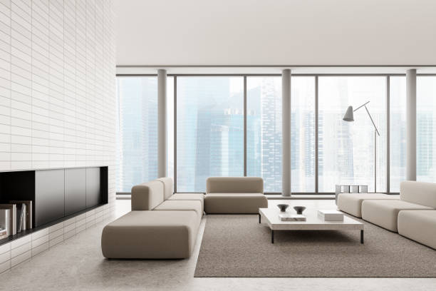 istock White home living room interior with couch and decoration, panoramic window 2162976522