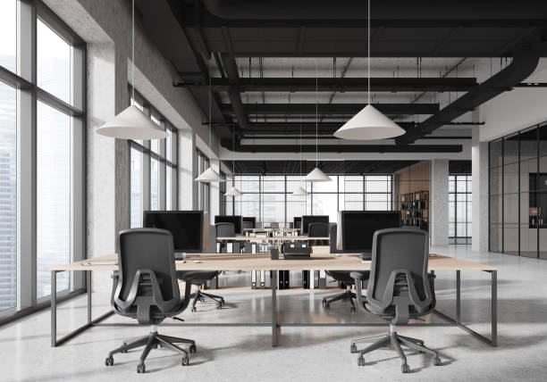 istock Grey business interior with coworking and glass rooms, panoramic window 2162976580