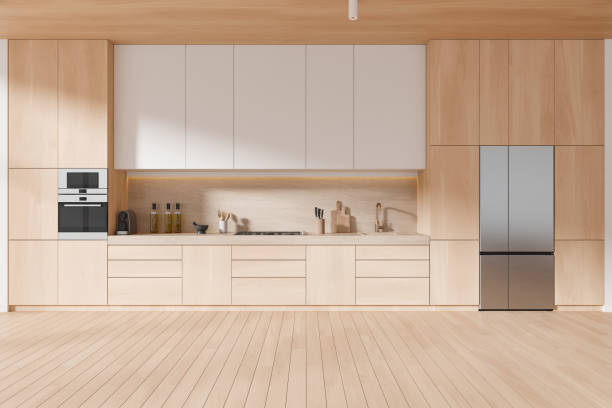 istock Wooden home kitchen interior with cooking cabinet and refrigerator 2162976689