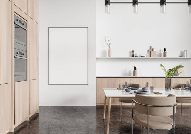 istock Minimalist kitchen interior with framed mockup on wall, modern furniture and decor, clean bright space, interior design. 3D Rendering 2162976728