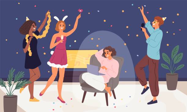 ilustraciones, imágenes clip art, dibujos animados e iconos de stock de fiesta de amigos. extrovertidos e introvertidos. chica introvertida con computadora portátil. celebración de vacaciones. insularidad de las personas. comunicación y diversión. orientación hacia adentro de la mente. concepto de vector chillón - alardear