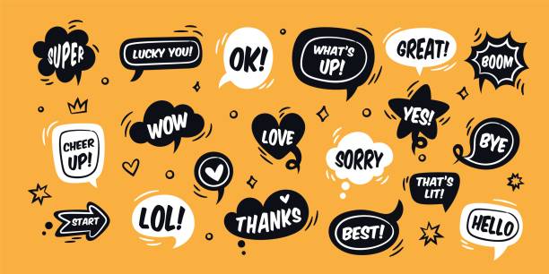 speech bubbles with words. comics short phrases. doodle style dialog boxes with exclamations. funky different shapes. message stickers. text places. chatting frames. garish vector set - kabarcık fiziki yapı stock illustrations