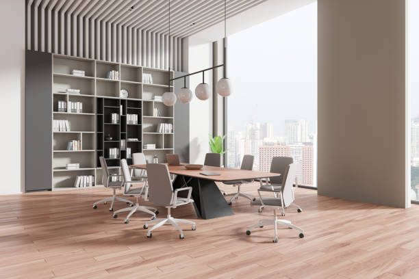 istock Modern business room interior with meeting table and chairs, panoramic window 2162977533