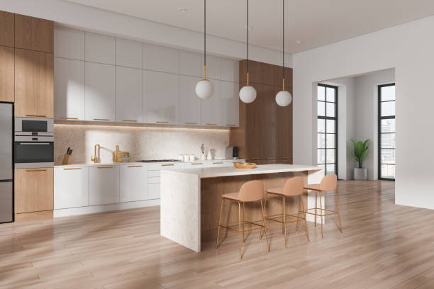 istock Luxury home kitchen interior with bar counter and stool, cabinet and window 2162977849