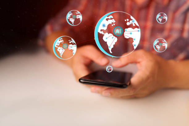 Man uses his smartphone. AI keeping an eye on technology