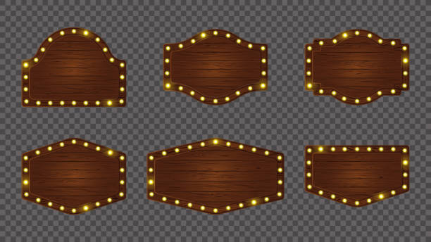 istock Light bulb sign board wooden retro vector frame. Cartoon game banner plank with led lit ui icon. Neon wood signboard set. Timber forest interface shape for mobile menu message illustration 2162980363