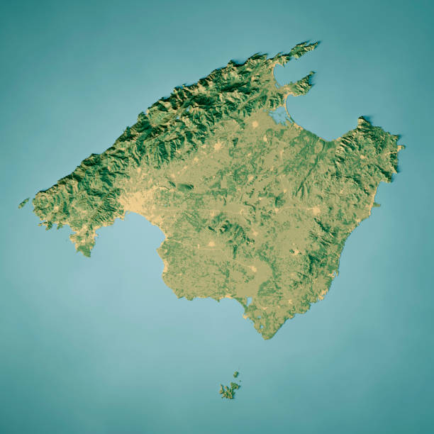 3D Render of a Topographic Map of Mallorca Island, Baleares. \nAll source data is in the public domain.\nColor and Water texture: Contains modified Copernicus Sentinel data courtesy of ESA.\nURL of source image: https://dataspace.copernicus.eu/explore-data/data-collections/sentinel-data/sentinel-2\nRelief texture: SRTM data courtesy of NASA JPL (2020). URL of source image:\nhttps://lpdaac.usgs.gov/products/srtmgl1v003/