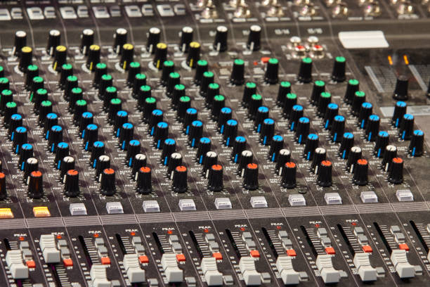 Audio mixing control console. Profesional sound equipment. Broadcasting
