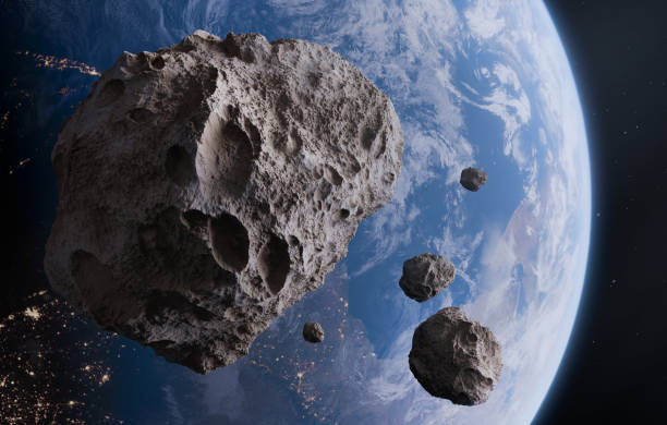 blue earth and asteroids in the space. view of planet earth from space. elements of this image furnished by nasa, 3d animation - asteroide immagine foto e immagini stock
