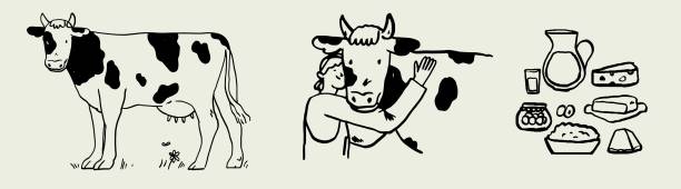 ilustraciones, imágenes clip art, dibujos animados e iconos de stock de mujer con colección de vaca lechera. ganadería, animal doméstico con trabajador de granja en rancho. ordeñador de ganadero y corral de ganado. apoye la ilustración vectorial de los agricultores locales en estilo dibujado a mano con carboncillo, tinta - dibujo-de-vaca