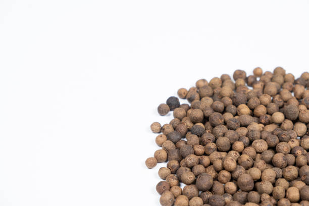 Black peppercorns close-up on white background, copy space for text.