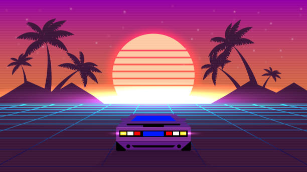 istock 1980s retro wave background,Old school video racing game,illustration of a future car driving through neon cyberpunk perspective grid. 2162997478